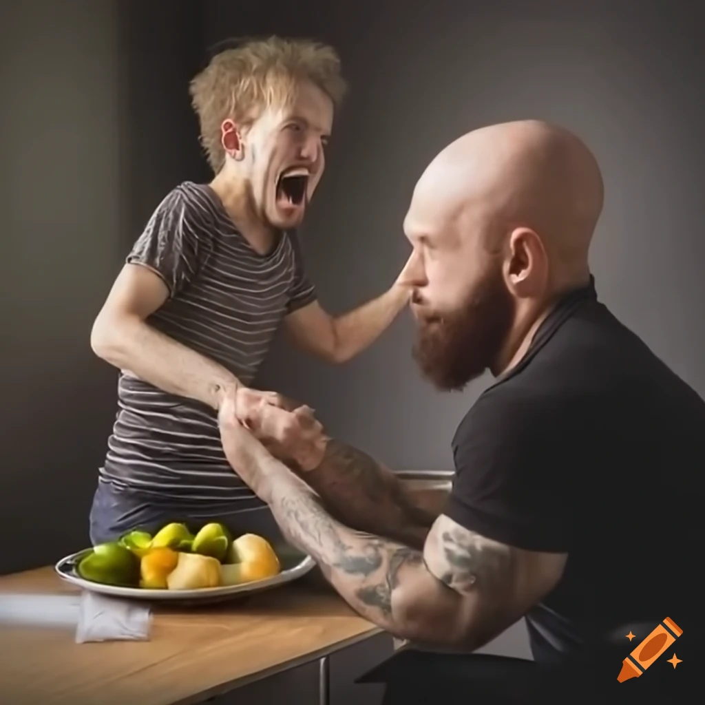 Two men playfully fighting in a kitchen