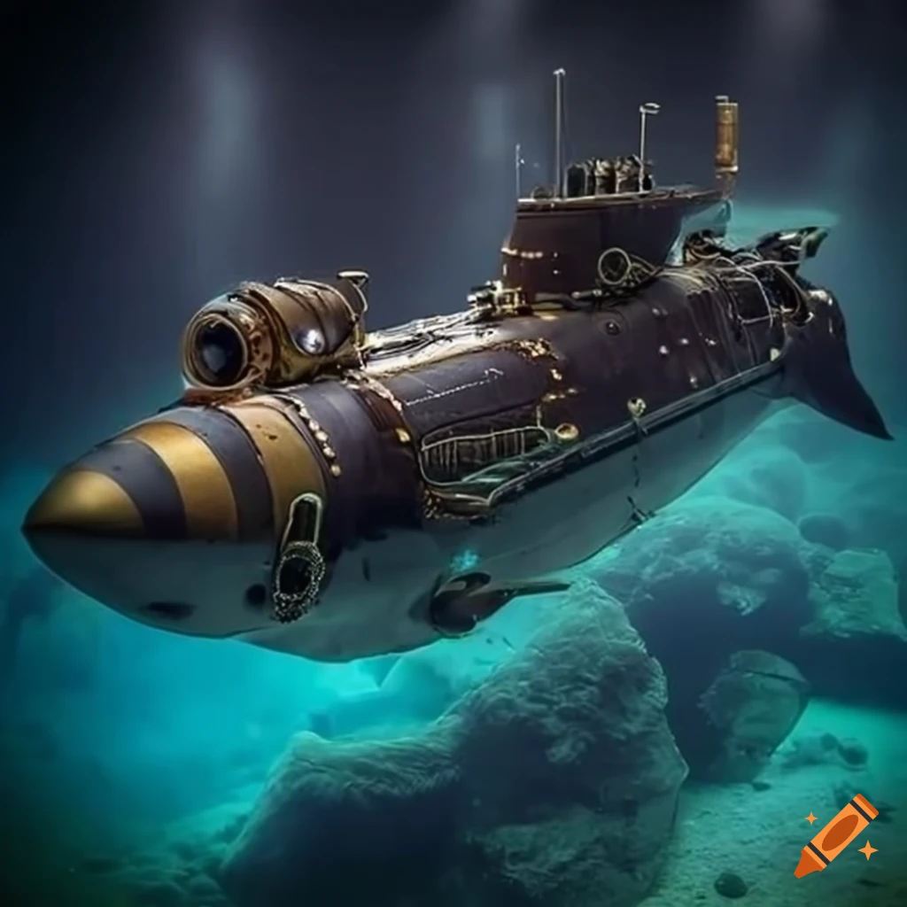 Modern steampunk luxury submarine resembling a tiger shark torpedo in an underwater scene with bioluminescence
