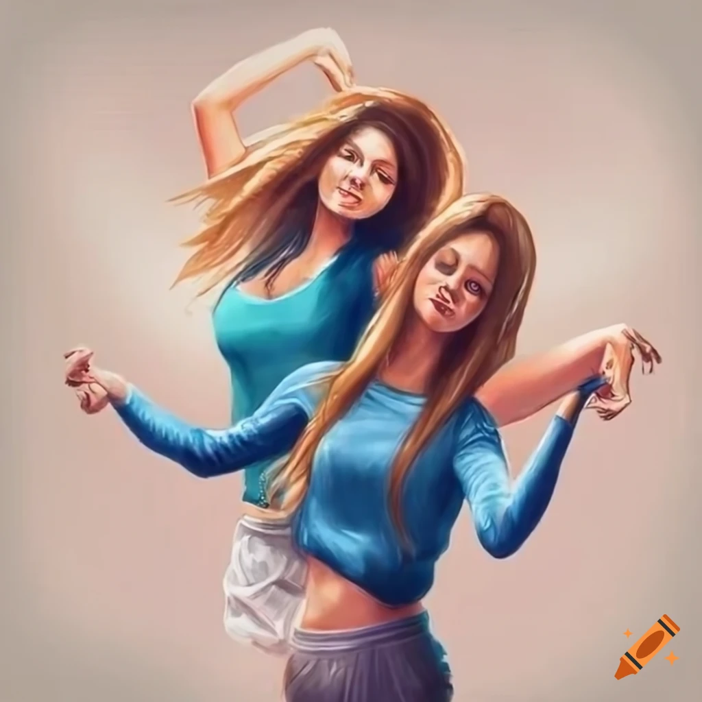 photorealistic drawing of two women dancing together