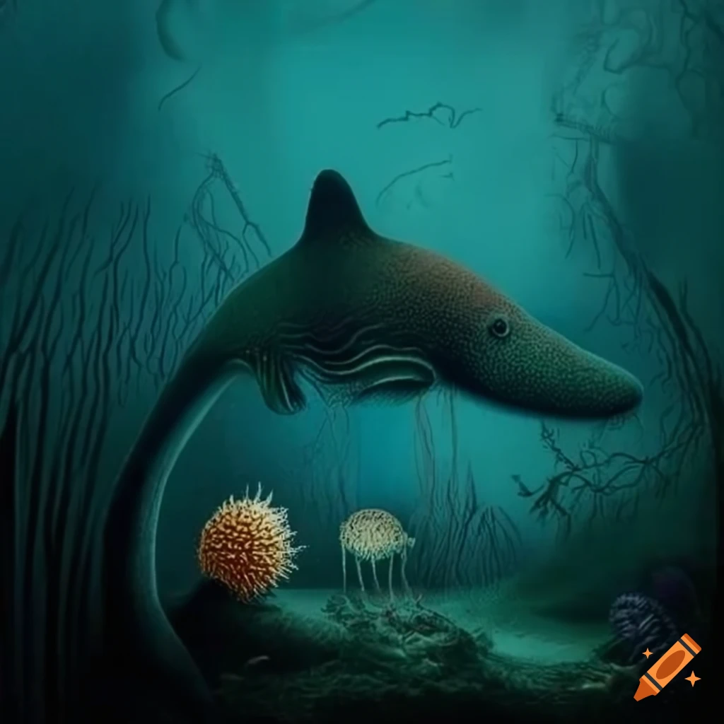 dark underwater scene with Moomins in Hans Haeckel style