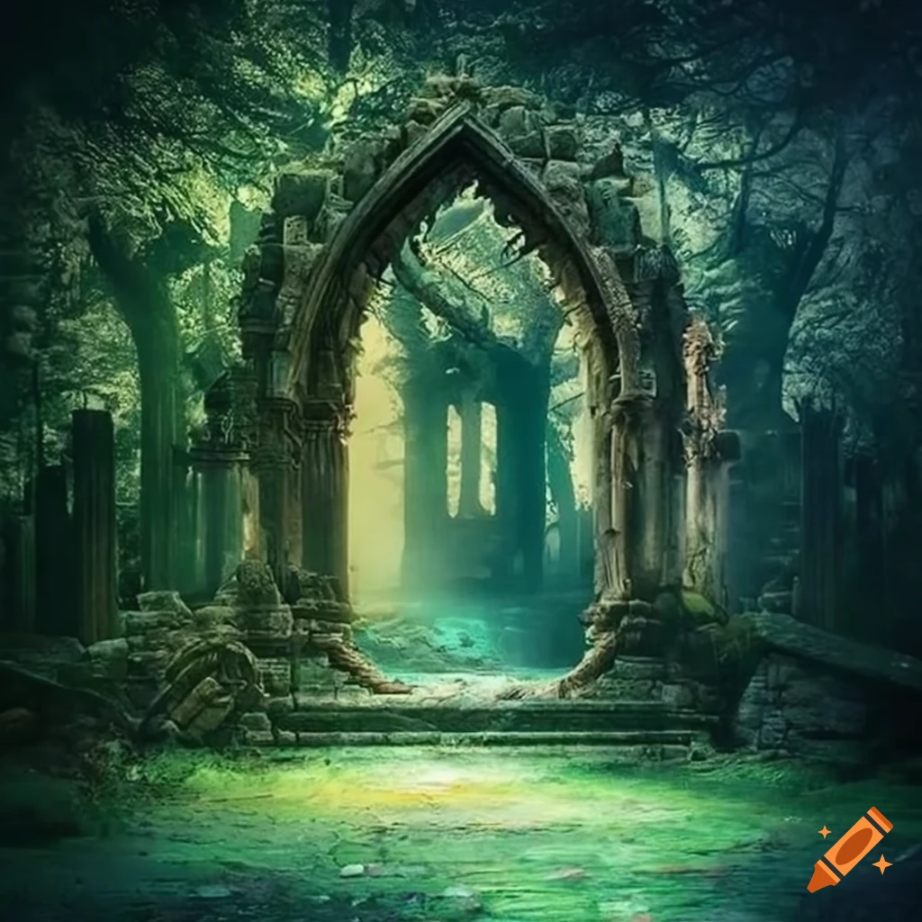 Crumbling temple ruin in the middle of an enchanted forest on Craiyon