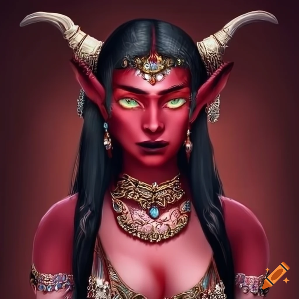 Red Tiefling in Indian-inspired attire with curved bejeweled horns and ...