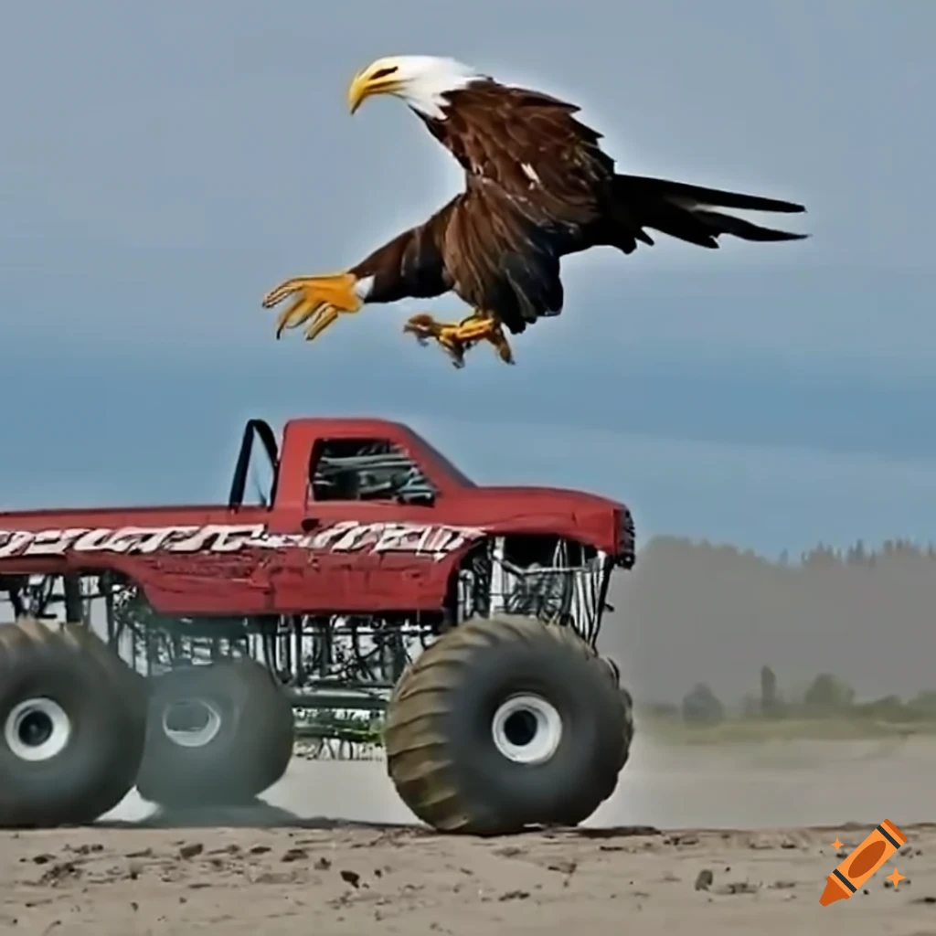 monster truck jumping over a bald eagle