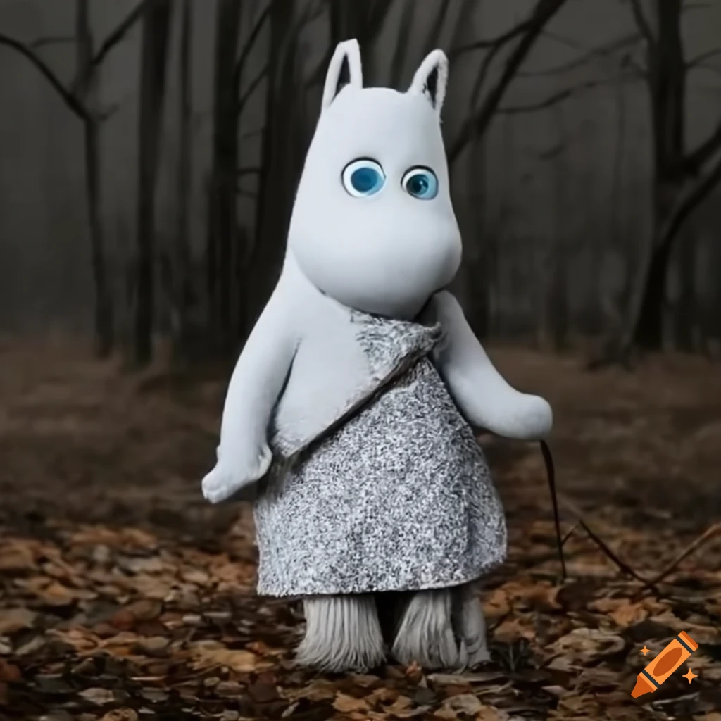 Eerie Moominmamma character emerging from the mist with a bag