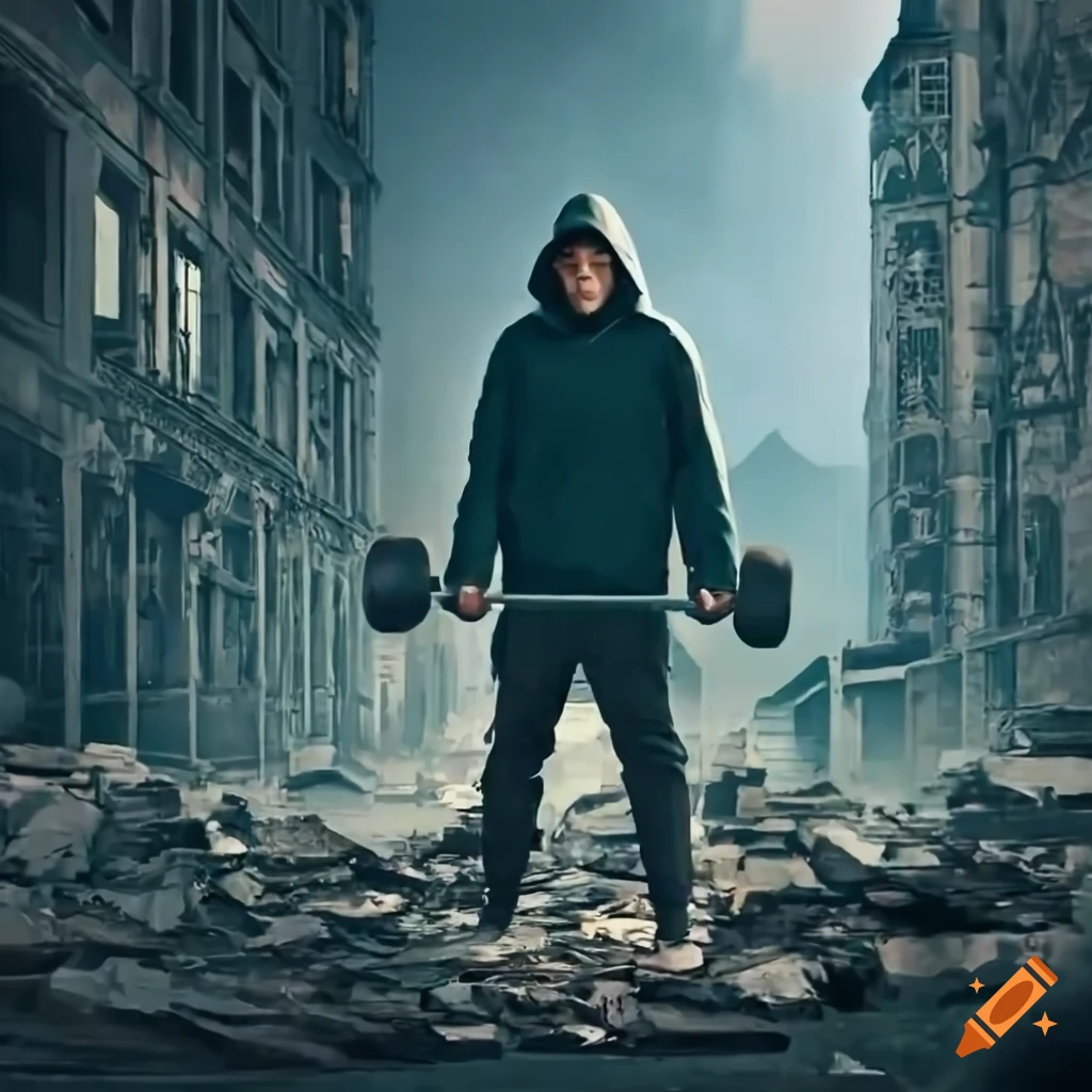 Man lifting weights in a ruined city