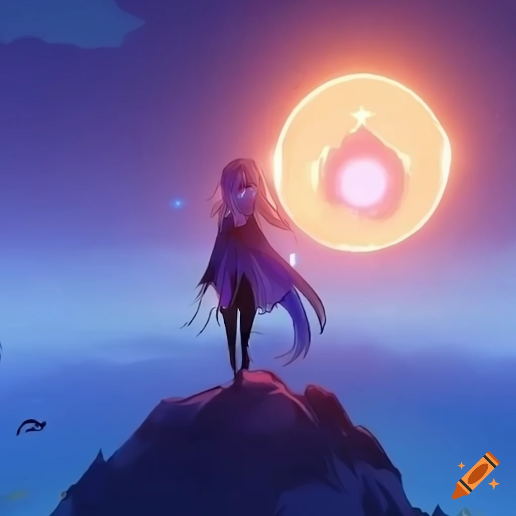 Woman standing on a mountain with evening sun in Genshin Impact art style