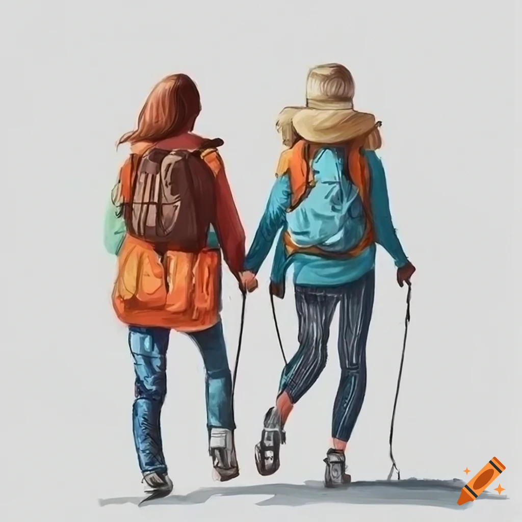 Photorealistic drawing of two women hiking on Craiyon