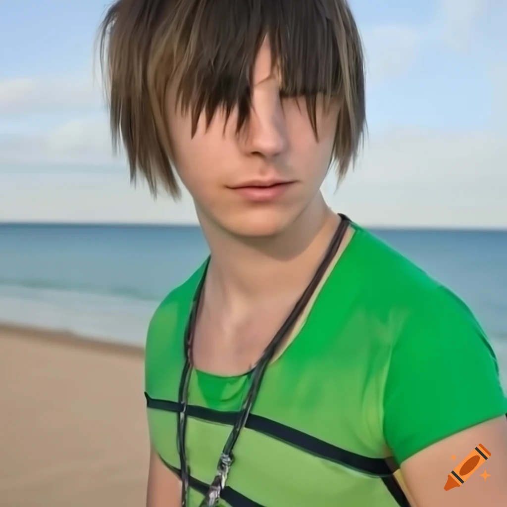 Young male college student with platinum blond hair in green swim