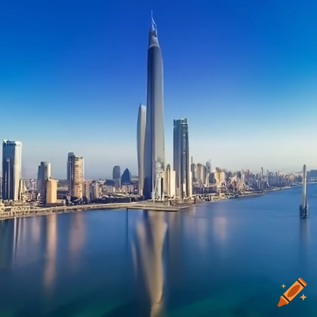 Futuristic city with tall skyscrapers near the coast on Craiyon
