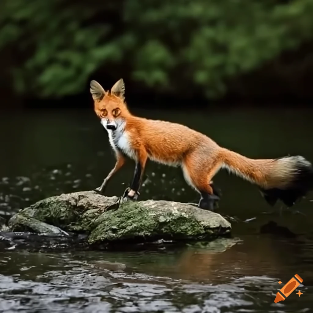 Fox Jumping Rocks Fox walking over rocks near a river with fish on Craiyon