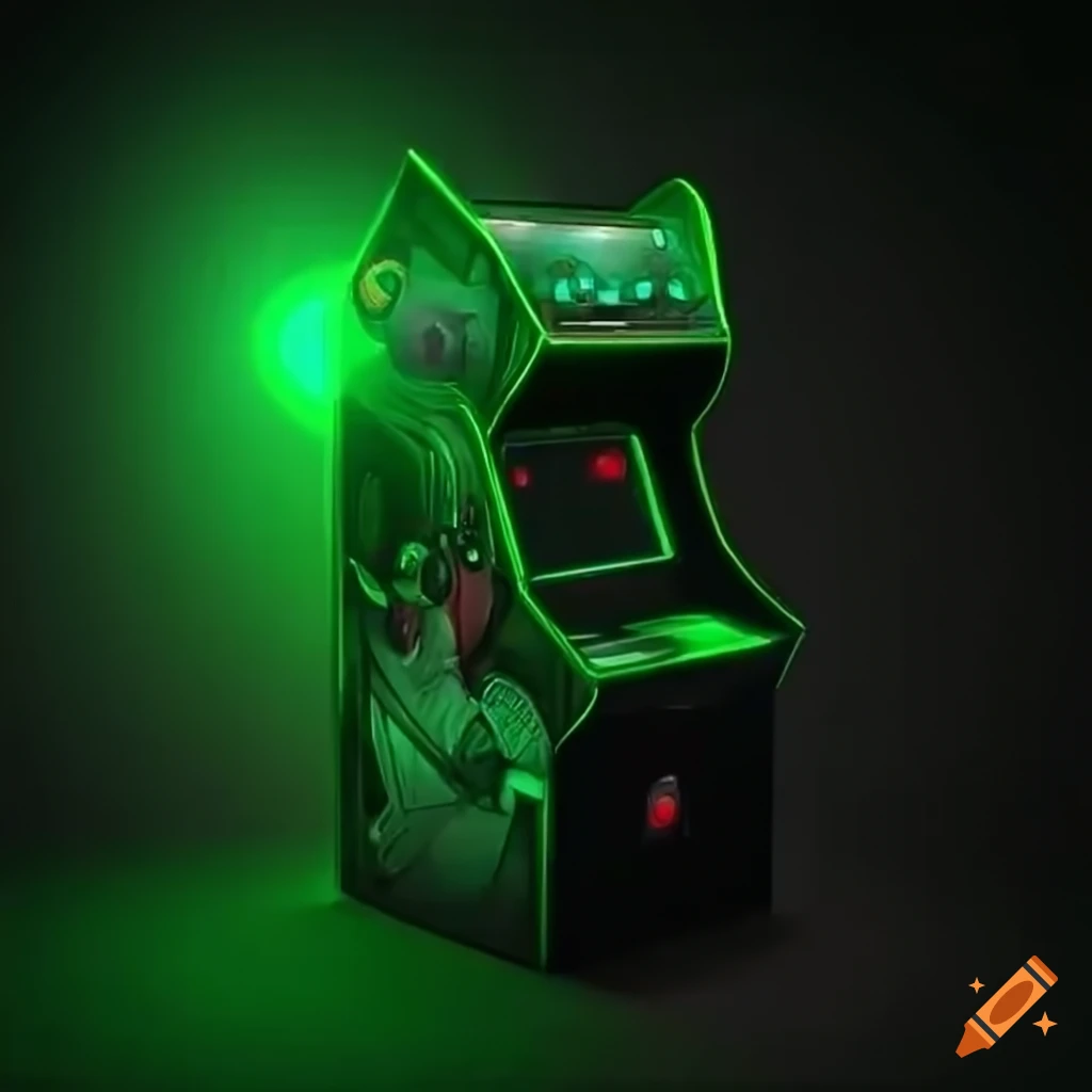 Entertaining game arcade with shiny green machines and pulsating laser guns