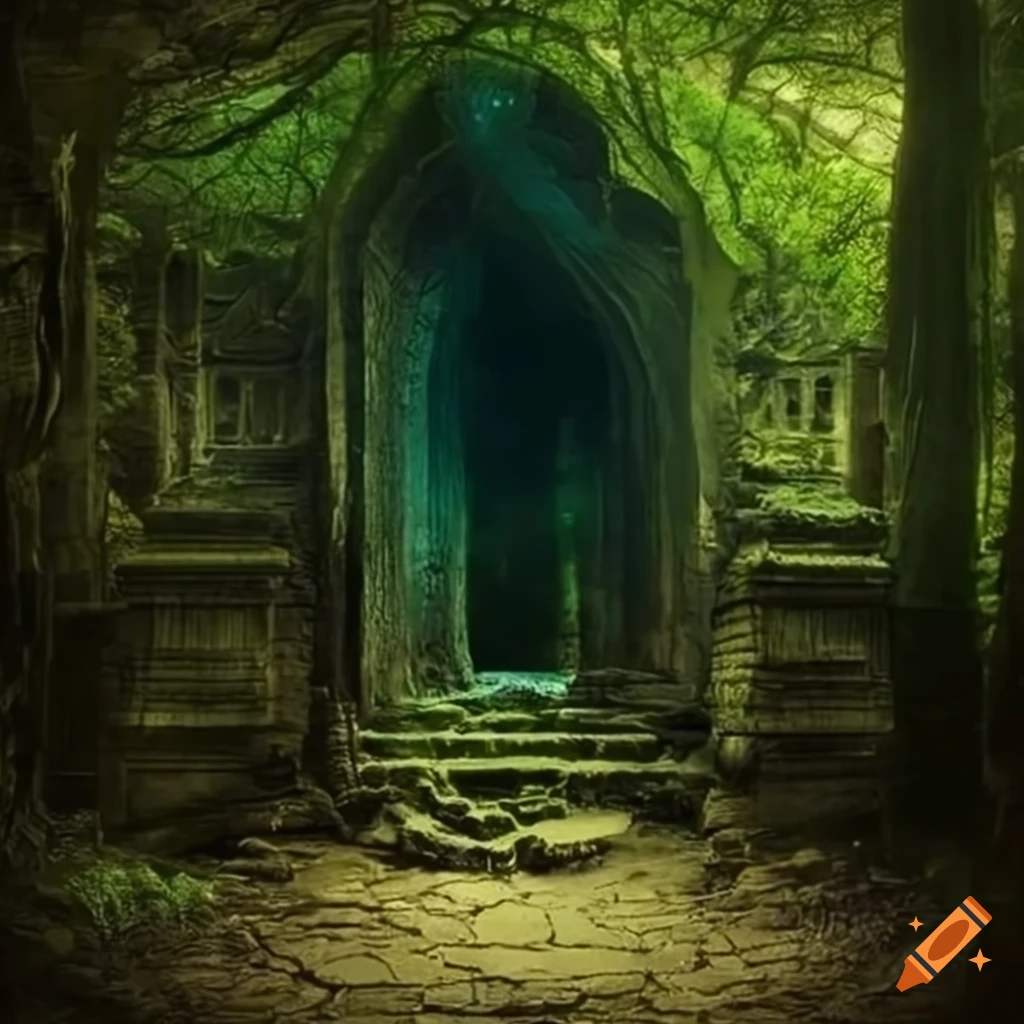 Crumbling temple ruin in the midst of an enchanted forest on Craiyon