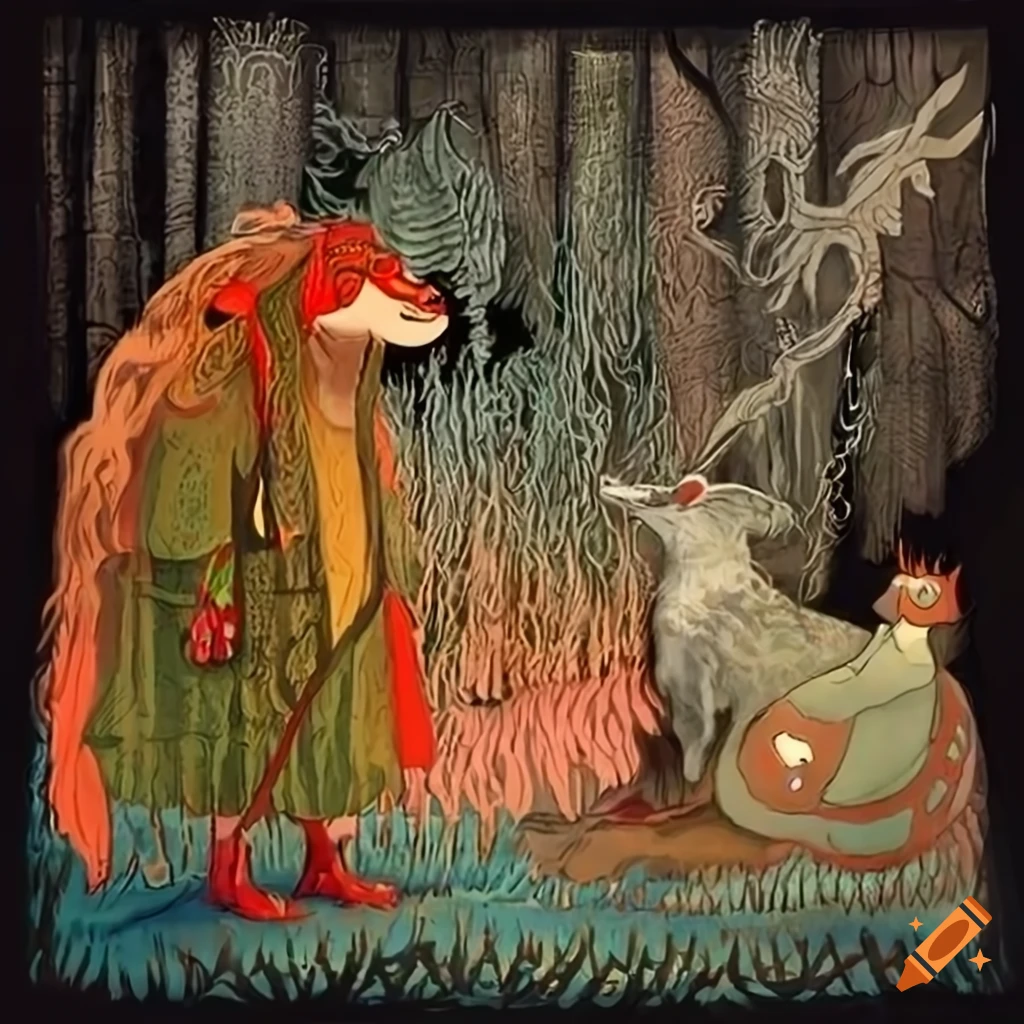 Illustration inspired by Wind in the Willows, Russian Fairytales, and Salish motifs featuring totemic creatures and sacred animals