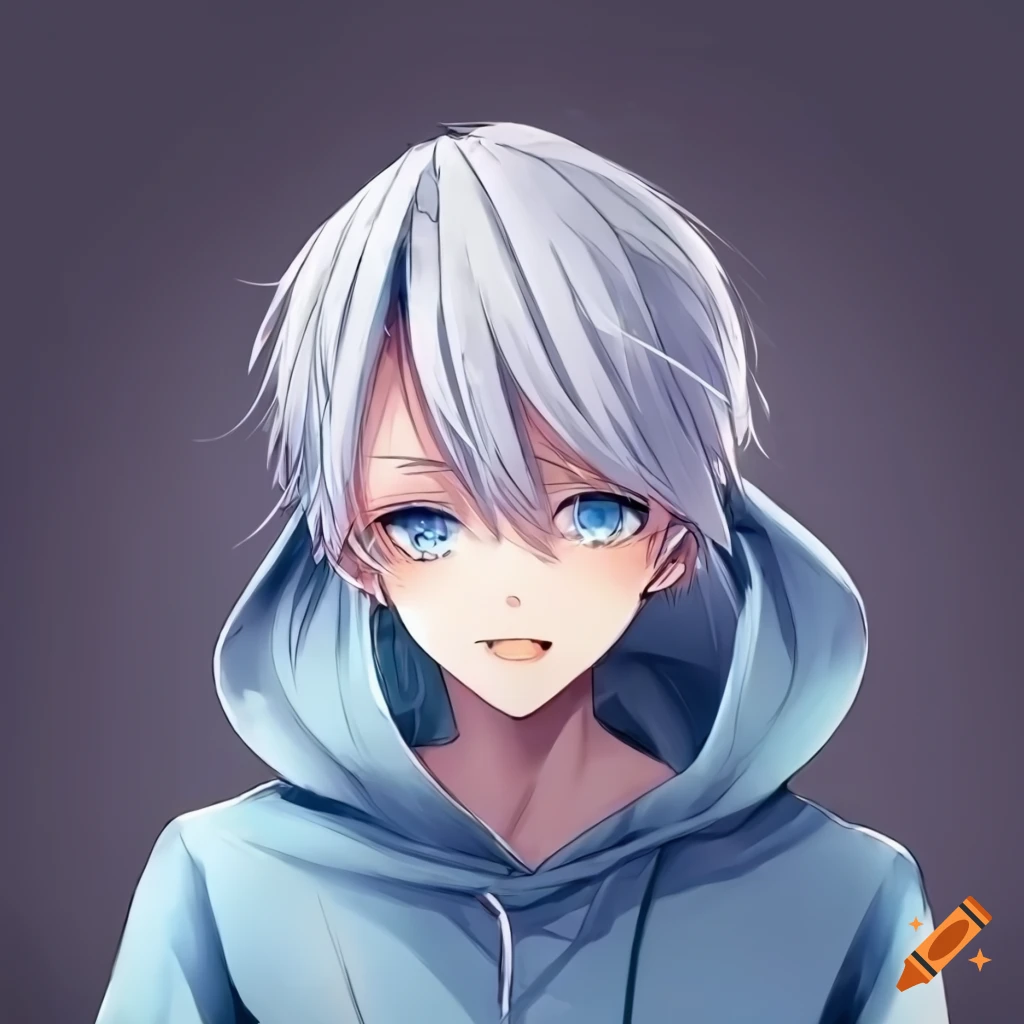 White haired anime boy with blue eyes wearing a hoodie on Craiyon