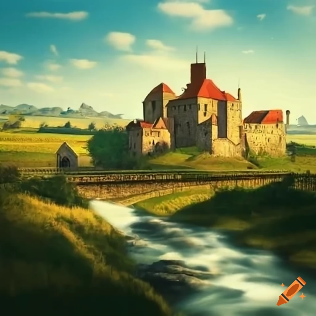 Medieval town with fortress, stone bridge, and rushing river