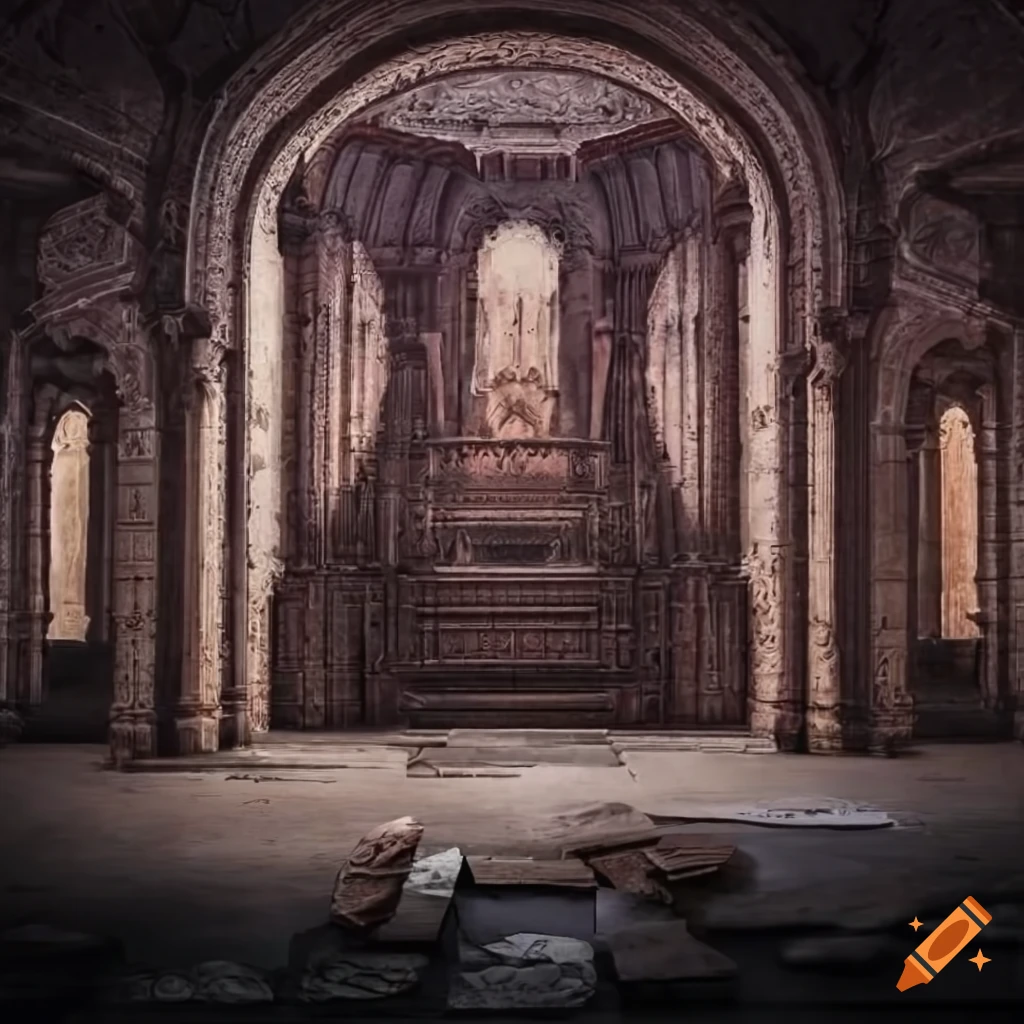 Huge abandoned temple room with ancient scrolls and artifacts
