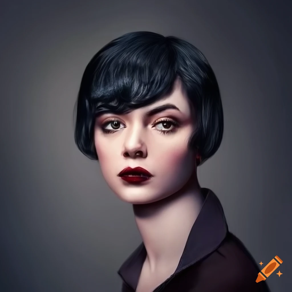 Beautiful lady with short black hair in vintage era style portrait