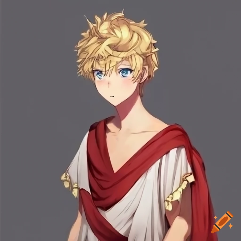 Blond-haired, blue-eyed 17-year-old guy in Roman toga in anime style