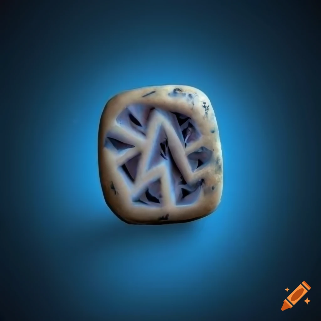 Light stone rune with intertwining encrypted symbols on a blue background