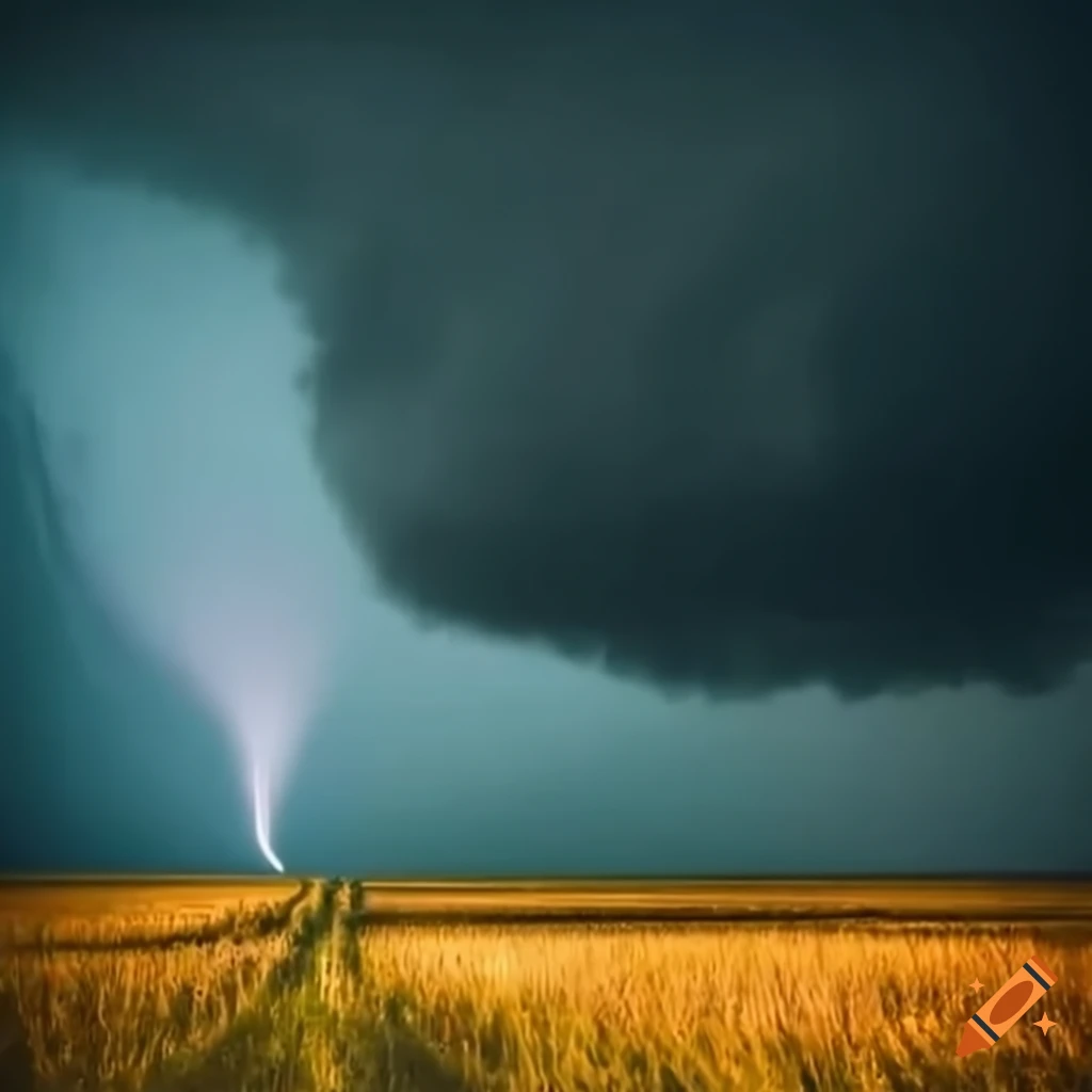Dramatic tornado touching down on a rural landscape during a storm on ...