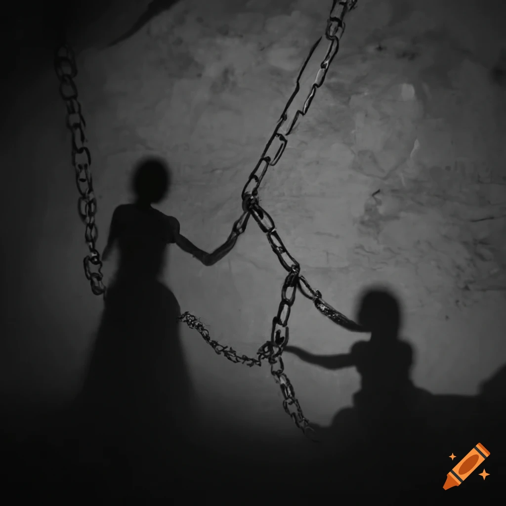 Hands chained together creating shadows on a cave wall