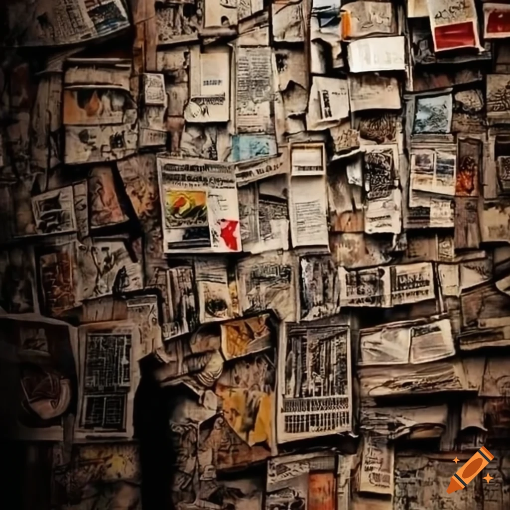 Wall covered with newspaper stories of famous events