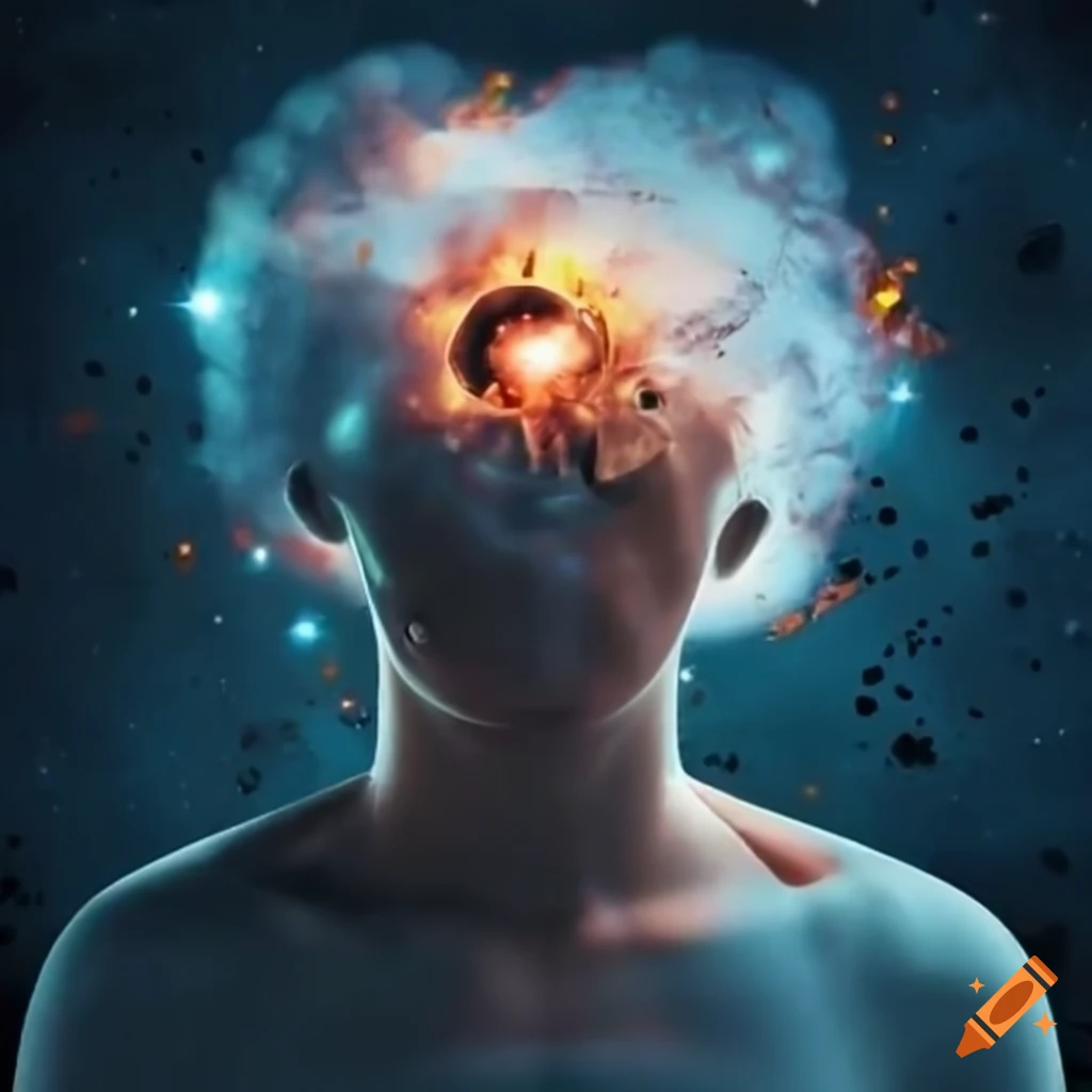 Man's head exploding in a space setting