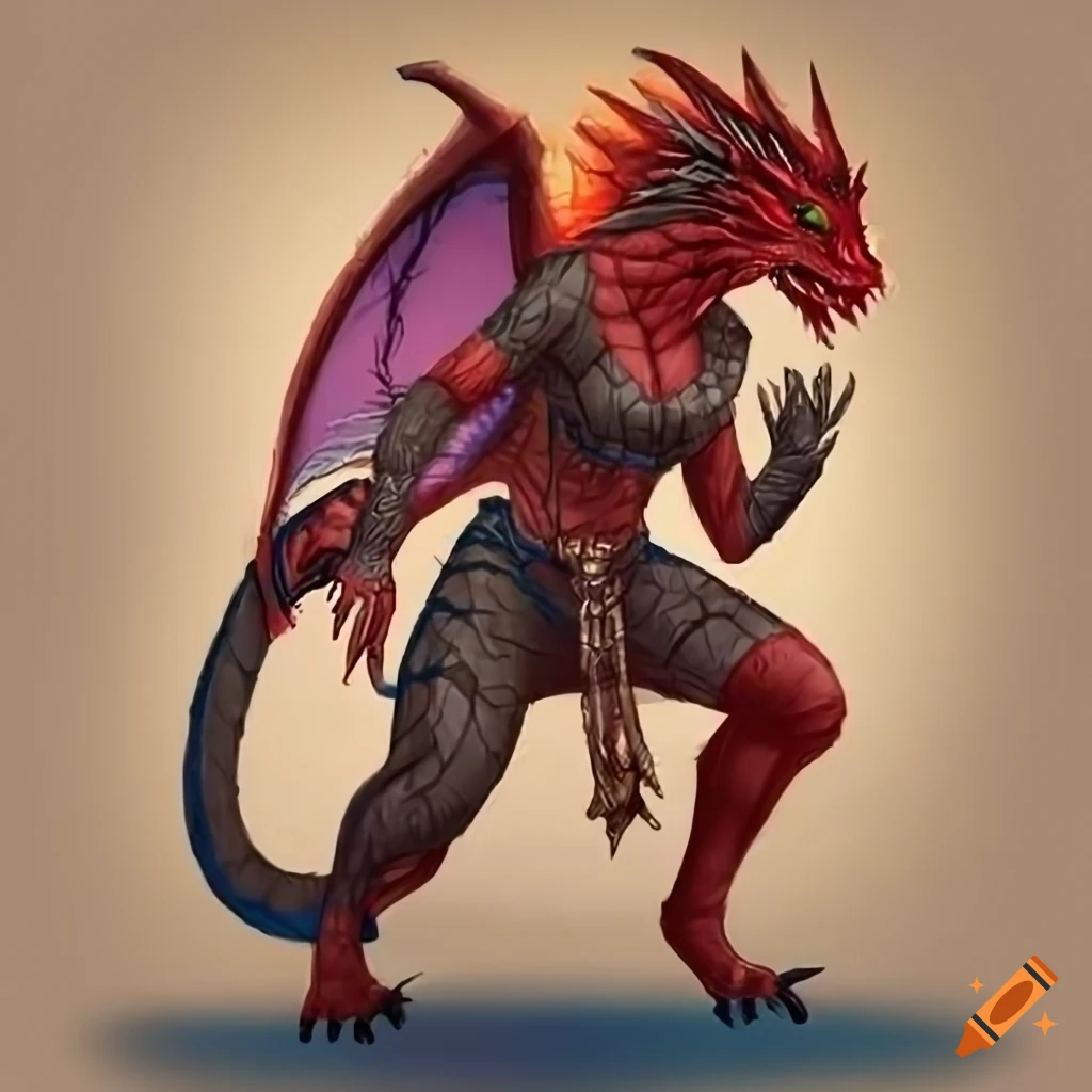 A depiction of an agile Red Dragonborn woman with crimson scales and a fierce gaze
