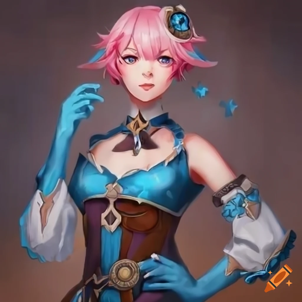 Steampunk Genshin character with pink hair in blue outfit