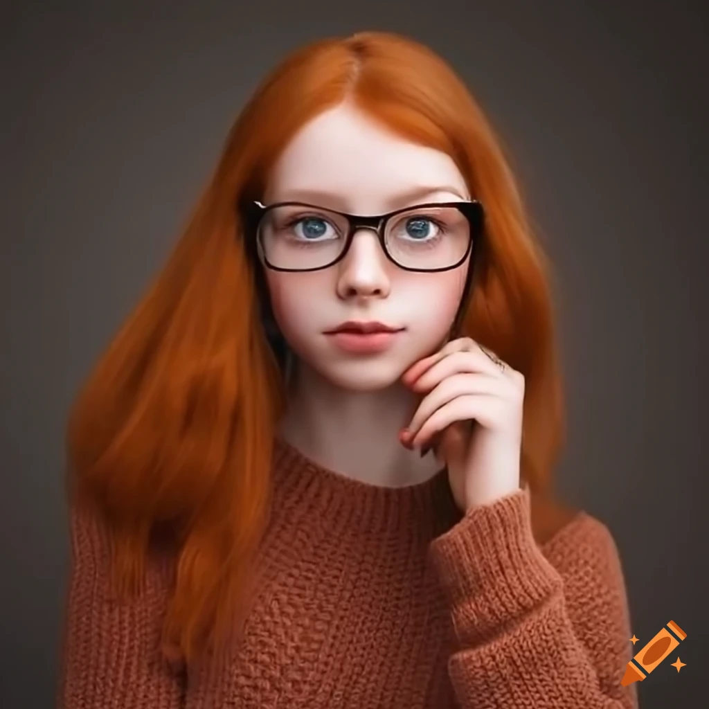 Shy redhead girl with glasses and sweater