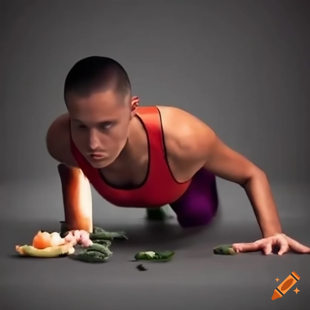 Person doing one-hand pushups while cutting vegetables