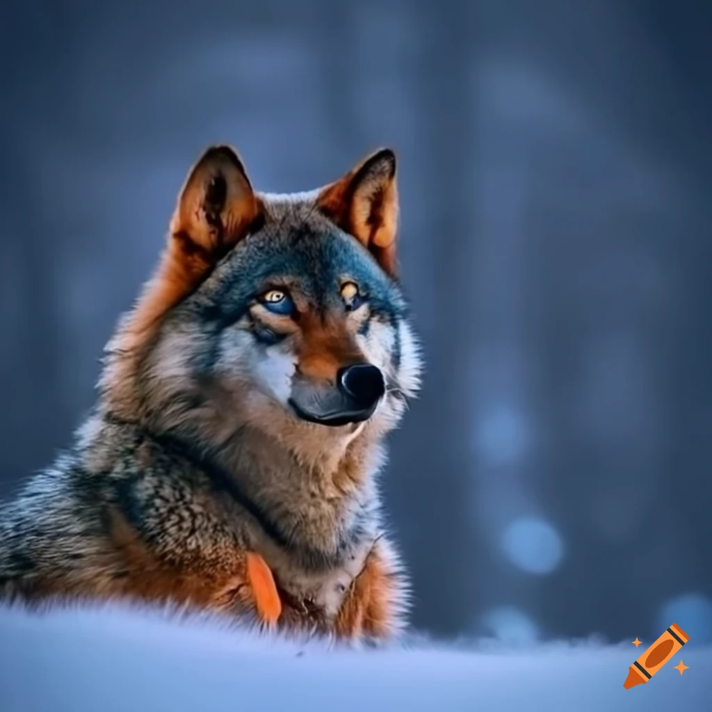 Ember wolf with piercing blue eyes in a snowy landscape on Craiyon