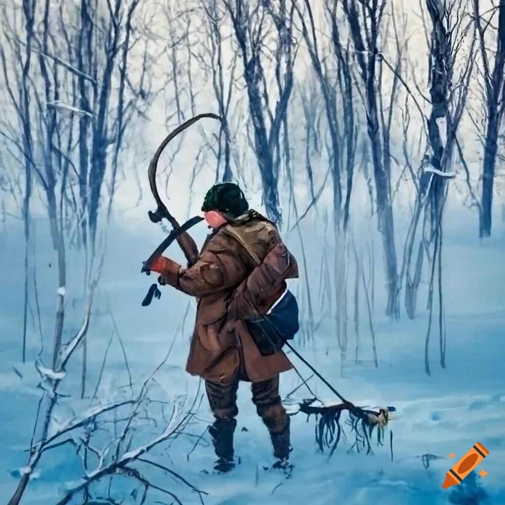 Hunter with bow hunting birds in winter landscape on Craiyon