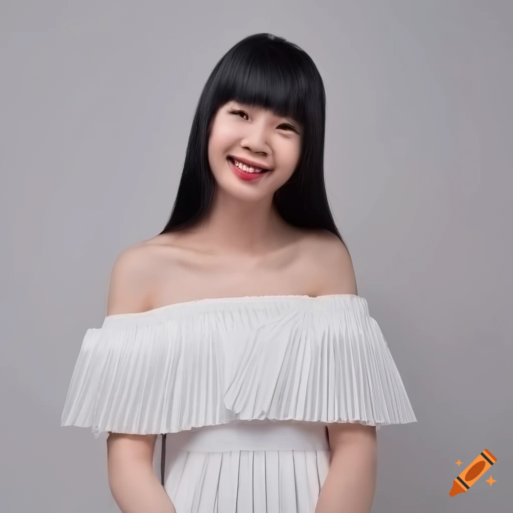 Portrait of a smiling Thai woman in a white pleated off-shoulder dress