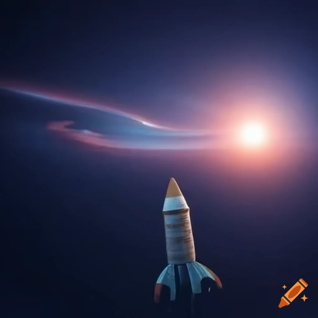 Wooden rocket flying through an interstellar landscape