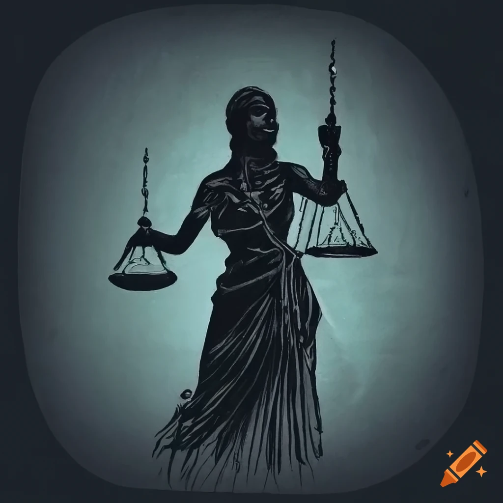 Chalk mural depicting the concept of justice with lady justice as the