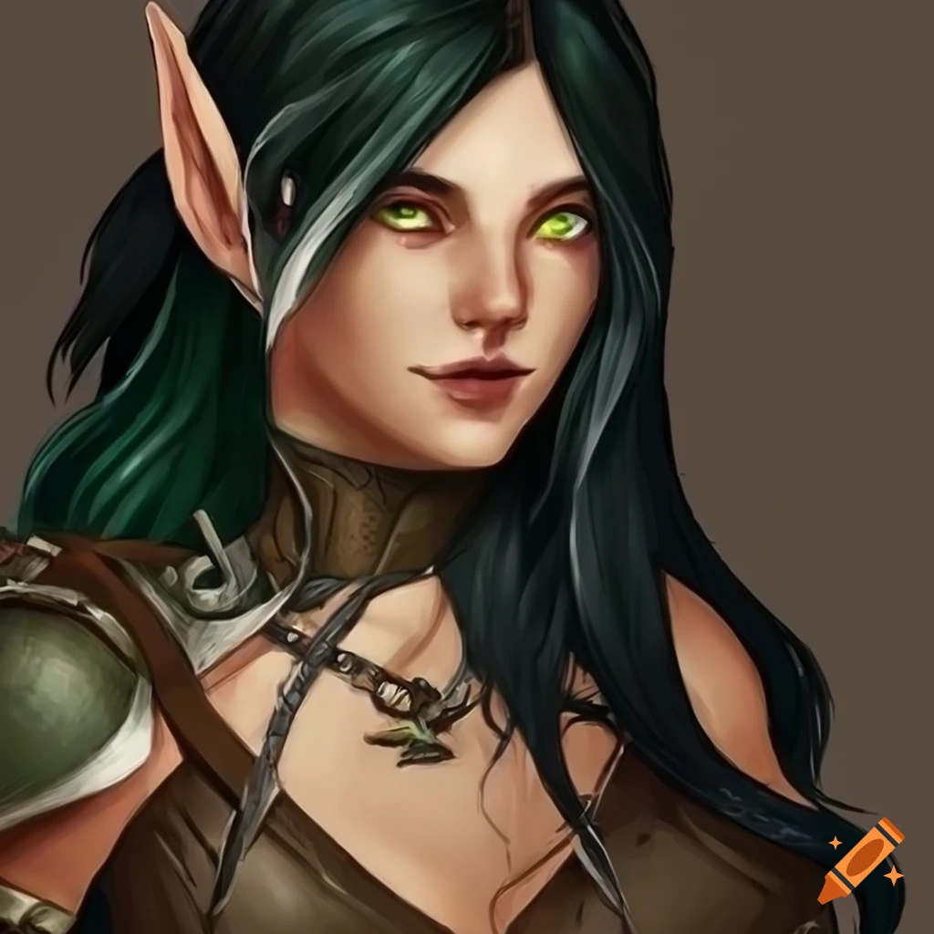 Wood elf female with green eyes and long black hair in leather armor ...