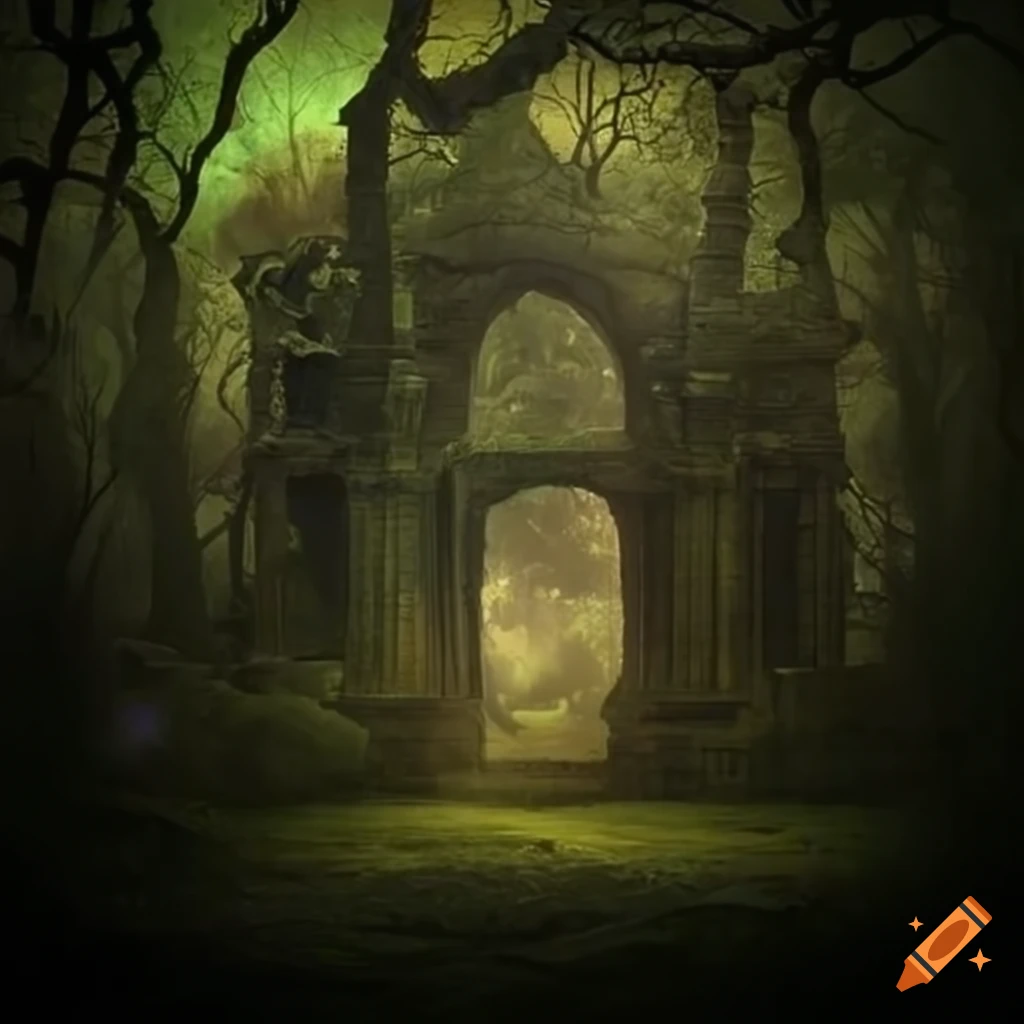 Crumbling temple ruin in the middle of an enchanted forest on Craiyon
