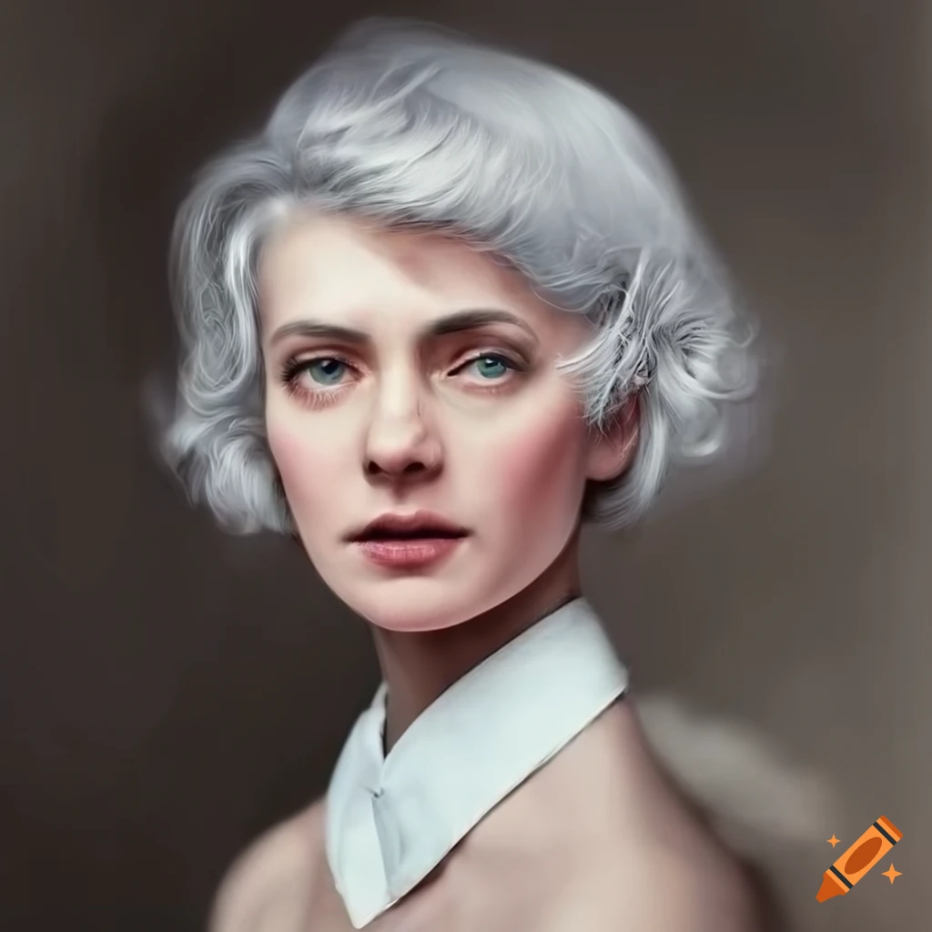 Portrait of a beautiful lady with short silver hair in vintage attire ...