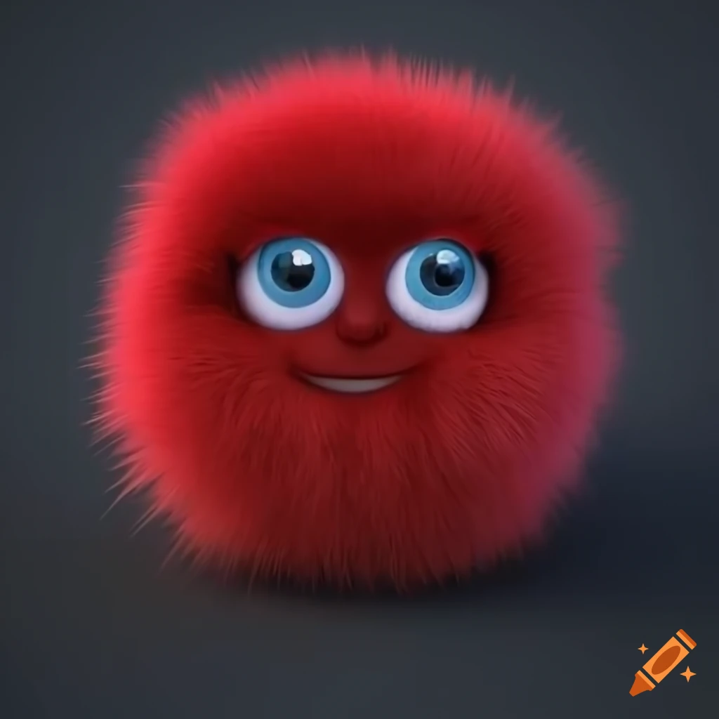 Red fluffy cute fur ball with big eyes in pixar style