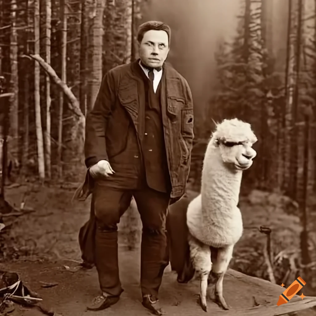 Elon musk with alpaca in a forest near a creek in yukon dated 1907