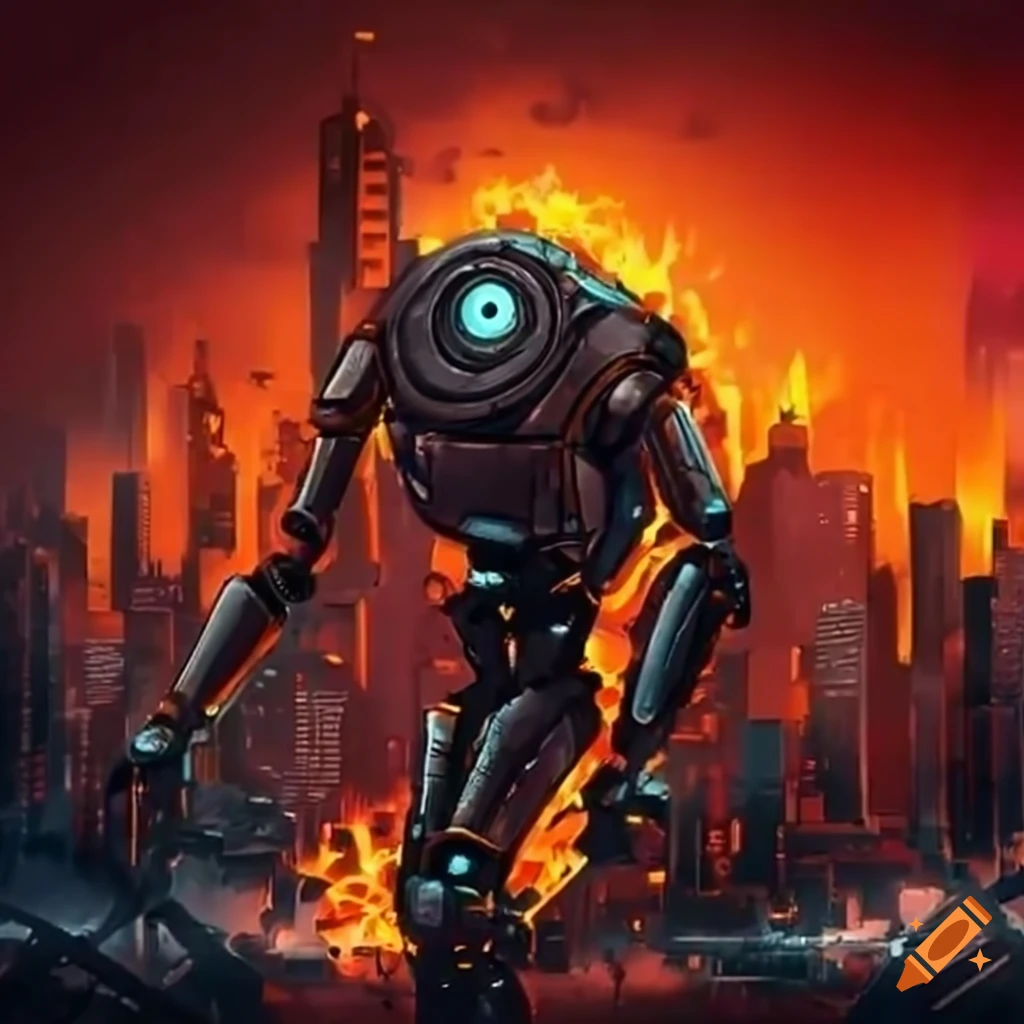 Futuristic robot shooting fire and lasers while destroying a city on