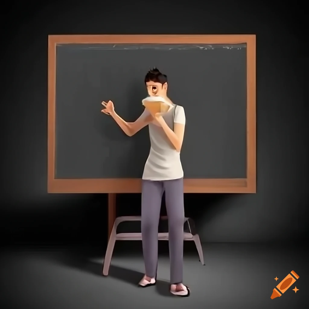 Stressed young man in front of a classroom blackboard