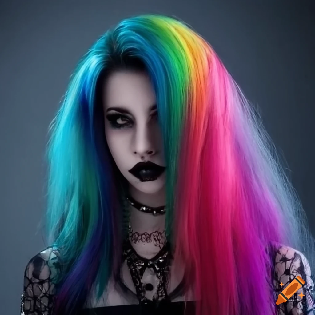 Goth girl with black hair and a rainbow hair streak and black lips on  Craiyon