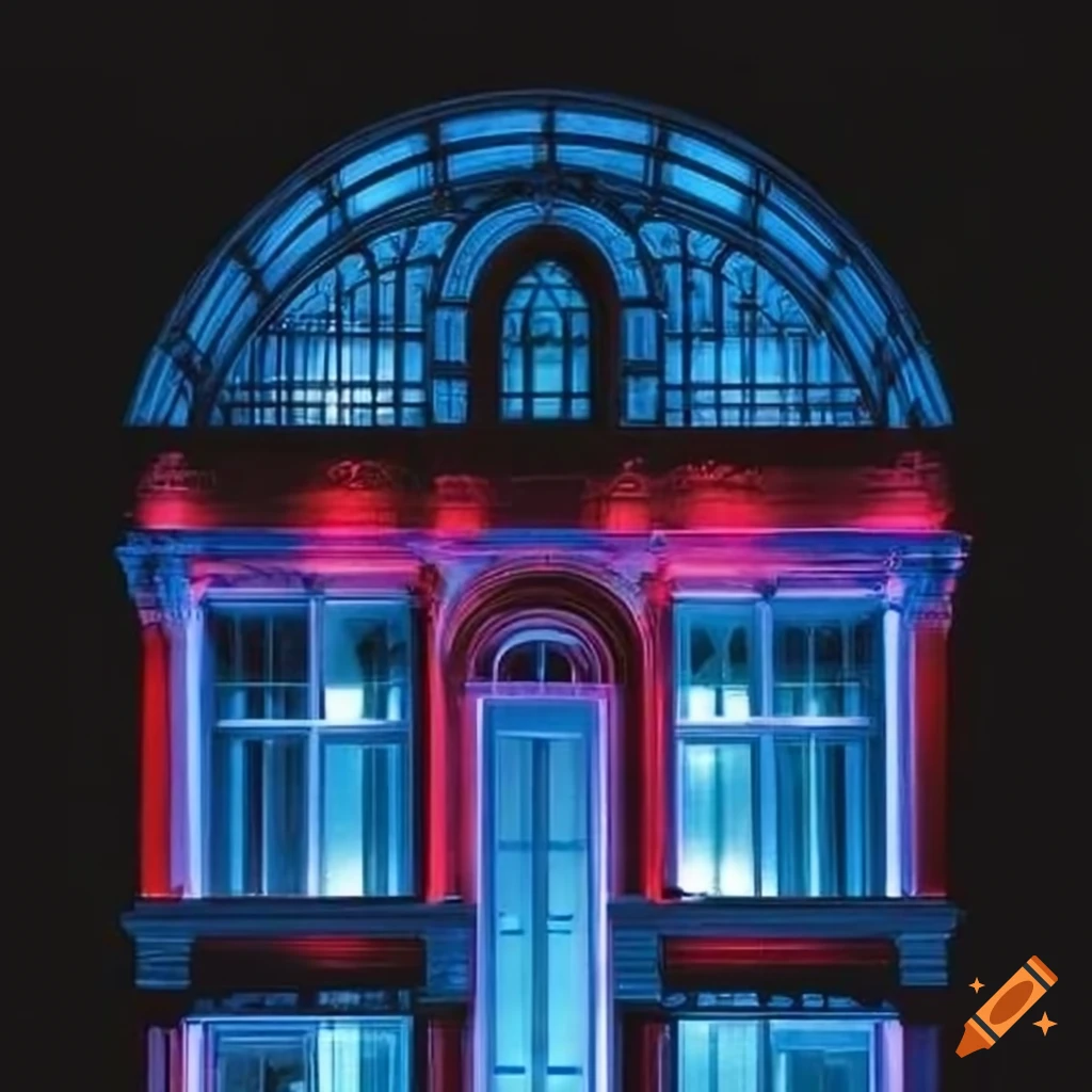Building with large glass windows and neon lights on Craiyon