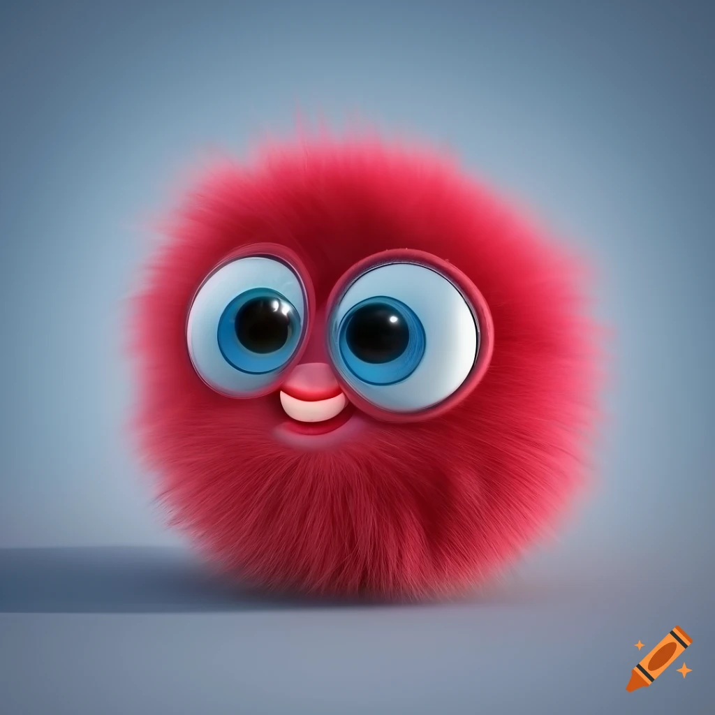 Cute red fluffy fur ball with large eyes in Pixar style 3D rendering