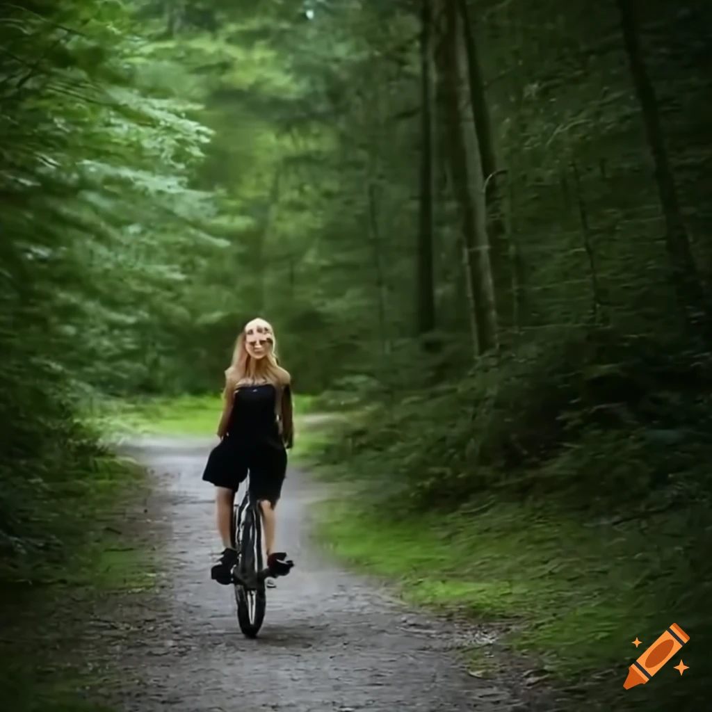 Girl riding a bike down a dark winding forest path