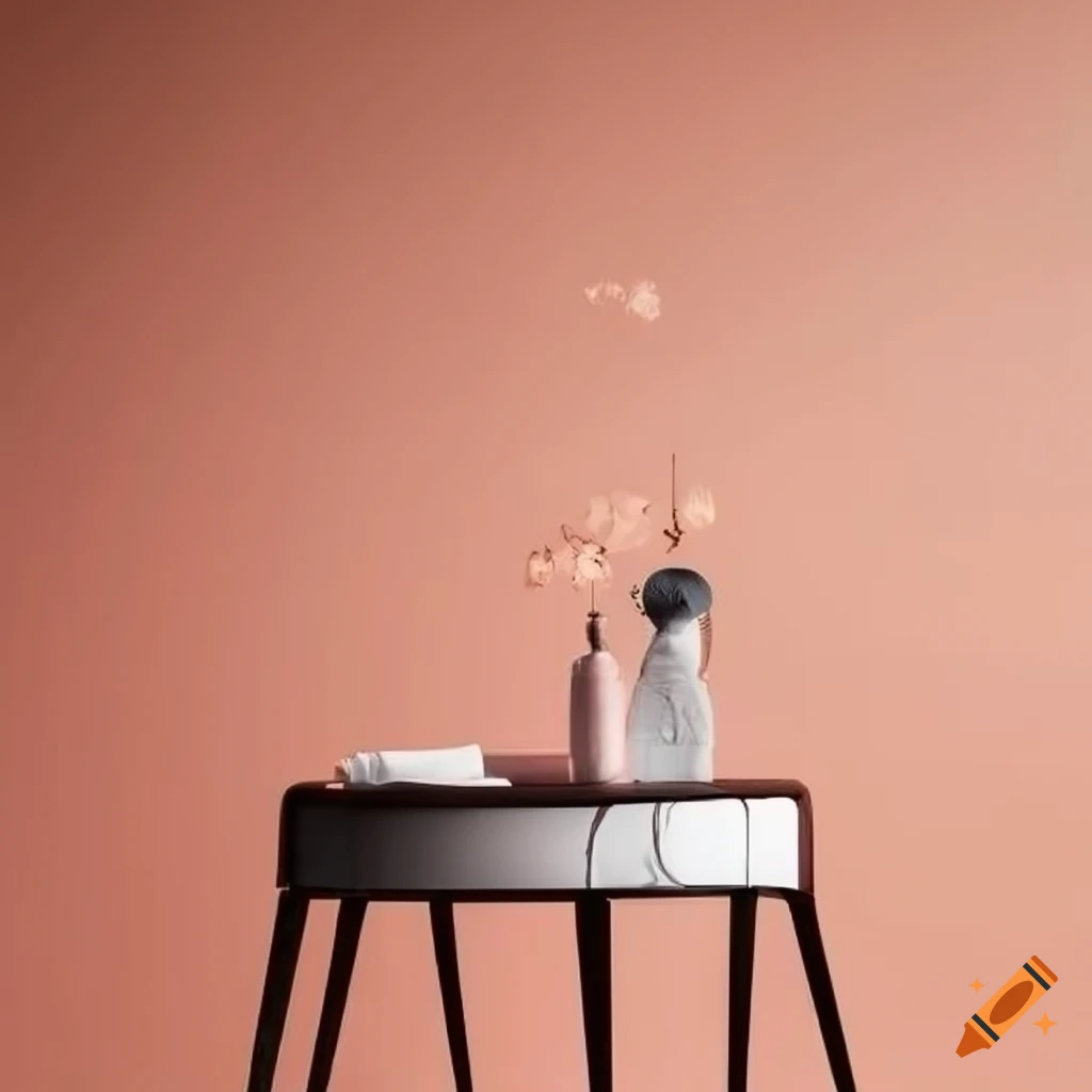 Wall design with chair, table, and frame on peach background