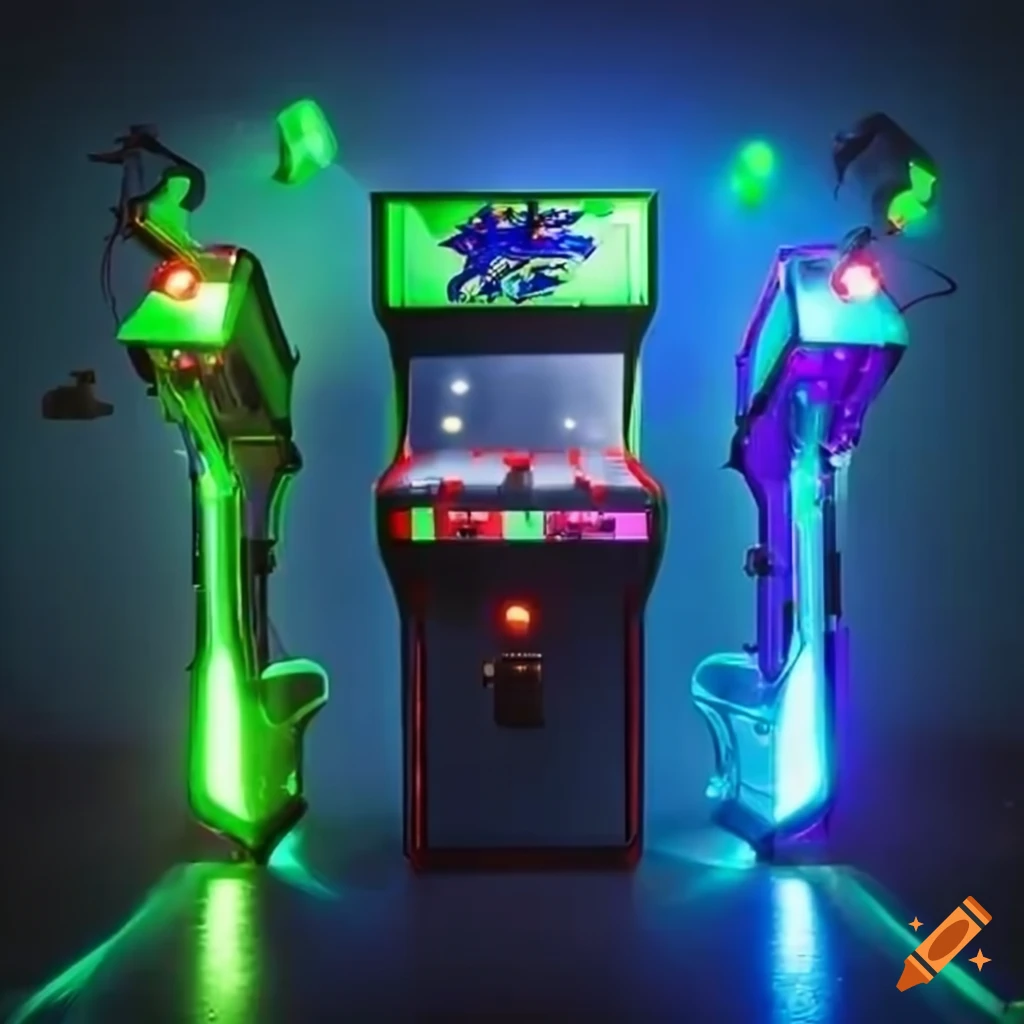 Arcade machine with laser guns and colorful lighting on Craiyon