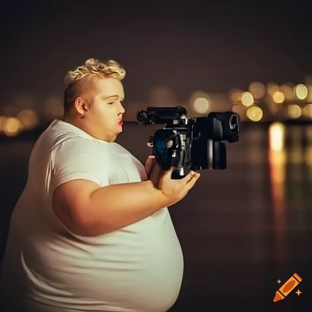 Curly blonde man filming nightlights on a port at night